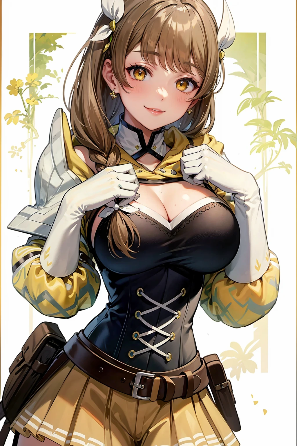 masterpiece, best quality, high quality, <lora:EPfeGoldmary-07:1.0>, EPfeGoldmary, yellow eyes, brown hair, armor, belt, blush, brown belt, cleavage, corset, earrings, elbow gloves, gloves, jewelry, large breasts, long hair, looking at viewer, shoulder armor, smile, solo, white gloves
color palette