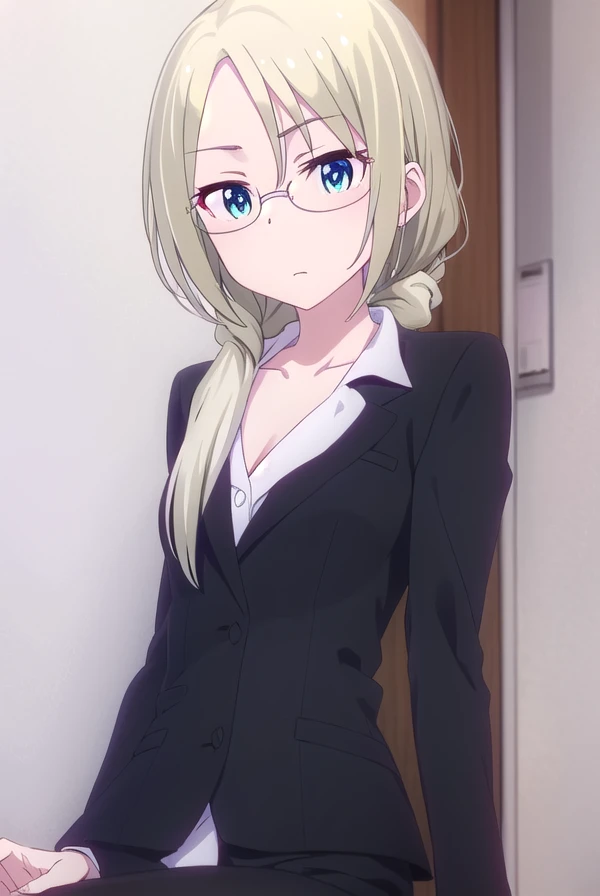 christinawakoyamato, <lora:christina wako yamato s2-lora-nochekaiser:1>,
christina wako yamato, long hair, blue eyes, blonde hair, (green eyes:1.3), glasses, hair over shoulder, semi-rimless eyewear, low ponytail, under-rim eyewear,
BREAK shirt, collarbone, jacket, white shirt, pants, black jacket, black pants, formal, suit, office lady, pant suit,
BREAK indoors, office,
BREAK looking at viewer, (cowboy shot:1.5),
BREAK <lyco:GoodHands-beta2:1>, (masterpiece:1.2), best quality, high resolution, unity 8k wallpaper, (illustration:0.8), (beautiful detailed eyes:1.6), extremely detailed face, perfect lighting, extremely detailed CG, (perfect hands, perfect anatomy),
