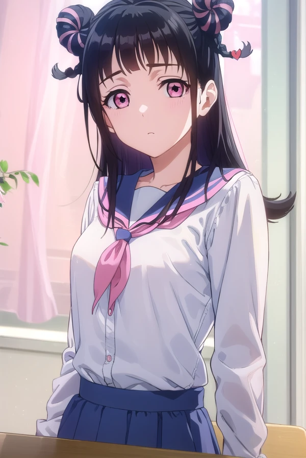 mahorojin, <lora:mahoro jin-lora-nochekaiser:1>,
mahoro jin, long hair, bangs, black hair, hair ornament, braid, (pink eyes:1.3), hair bun, twin braids, double bun, heart, heart hair ornament,
BREAK shirt, long sleeves, bow, school uniform, white shirt, serafuku, sailor collar, frills,
BREAK indoors, classroom,
BREAK looking at viewer, (cowboy shot:1.5),
BREAK <lyco:GoodHands-beta2:1>, (masterpiece:1.2), best quality, high resolution, unity 8k wallpaper, (illustration:0.8), (beautiful detailed eyes:1.6), extremely detailed face, perfect lighting, extremely detailed CG, (perfect hands, perfect anatomy),
