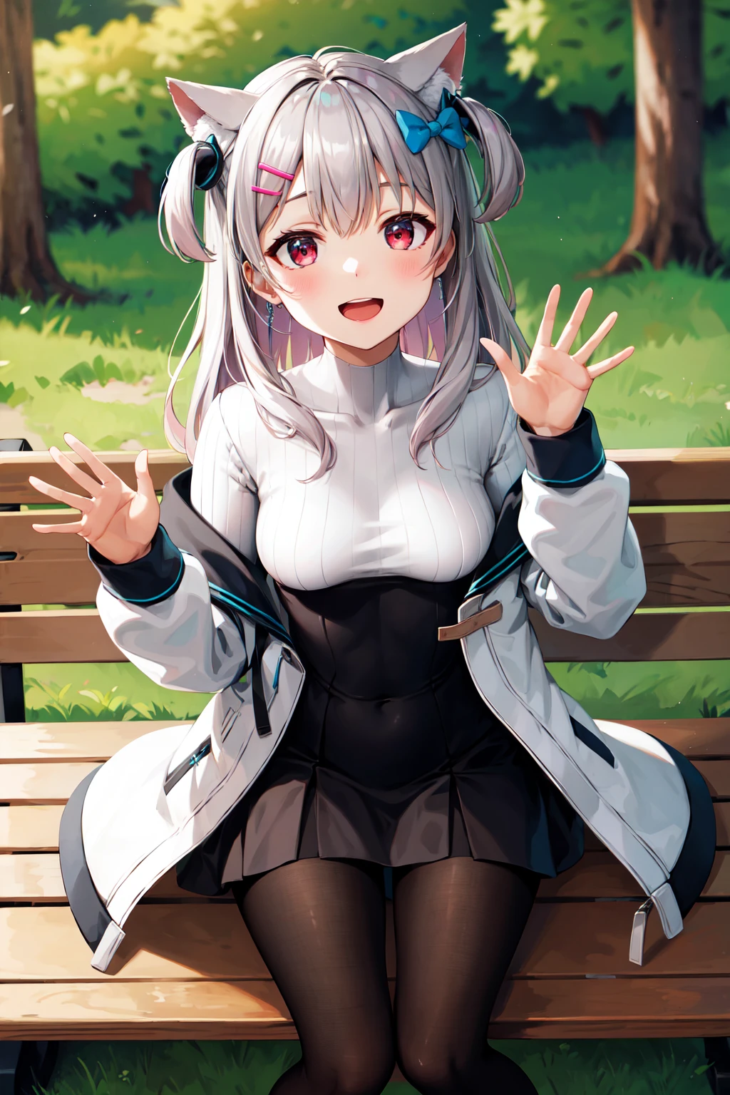 masterpiece, best quality, outside, street, squatting, from below, from side, 1girl, smile, smug, long hair, white hair, yellow eyes, animal ears, medium breasts, white collared shirt, bowtie, beige cardigan, black plaid skirt, thick thighs, bare legs, sneakers, socks, pink panties, pantpeek, <lora:panties_peek:0.8>