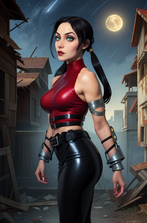 jennifer,black hair,low twintails,green eyes,dark makeup,
red sleeveless turtleneck,midriff,belt,leather pants,bridal gauntlets,shoulder wraps,
standing,serious,hips,
night,abandoned buildings,
(insanely detailed, masterpiece, best quality),<lora:JenniferTate-11PRv10:0.8>,
