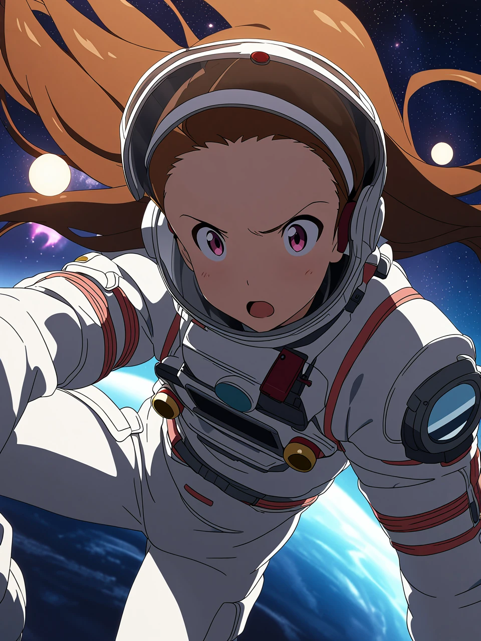 dsiori, brown hair, long hair, pink eyes, small breasts, hairband, spacesuit, helmet, 1girl, solo
BREAK
space, planets, surprised, depth of field, cinematic, game cg, anime screencap, official art, masterpiece, best quality
<lora:dsiori_a3b:1>