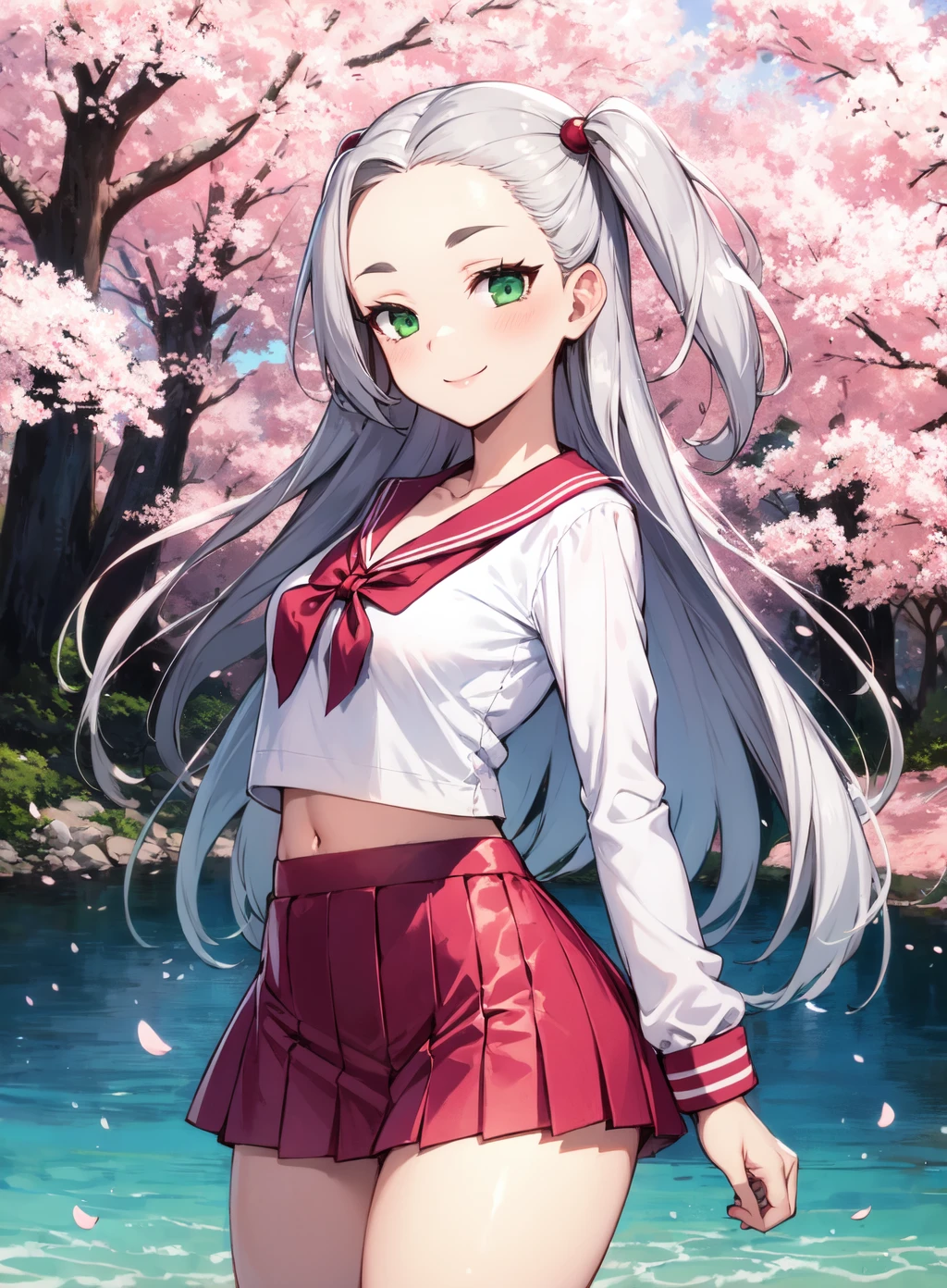 1girl, microskirt, miniskirt, medium breasts, wide hips, silver hair, two side up, long sidelocks, jade green eyes, light smile, forehead, short eyebrows, hikimayu, skirt, navel, cowboy shot, from side, 
<lora:RE-MicroSkirtV0.5-novae:0.7>, smile, cherry blossoms, river,