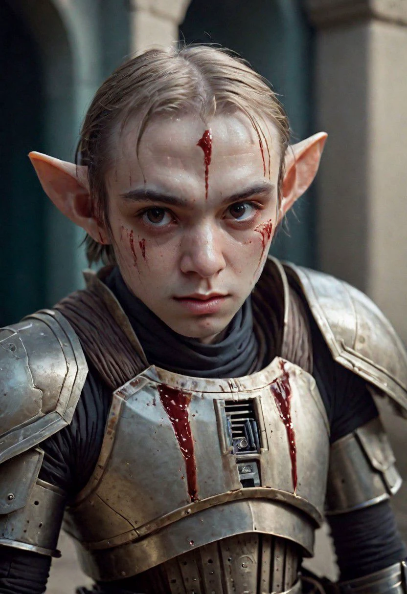 photography in the style of Labirynth movie, close up of (cute) and (sweet) creature with a (small) sword stained with (blood), inside a claustrophobic ancient and ruined labirynth ,fantasy,hyper detailed, real skin imperfections, hard lighting, bokeh, 18-20, Armor Star Wars