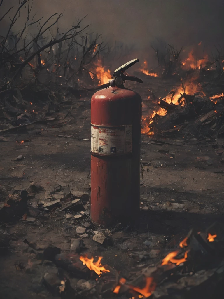 letitbrn, real, charred and burning fire-extinguisher, desolation, dark, cinematic, global illumination,  <lora:- SDXL - letitbrn_let_it_burn_V1.0:.8>