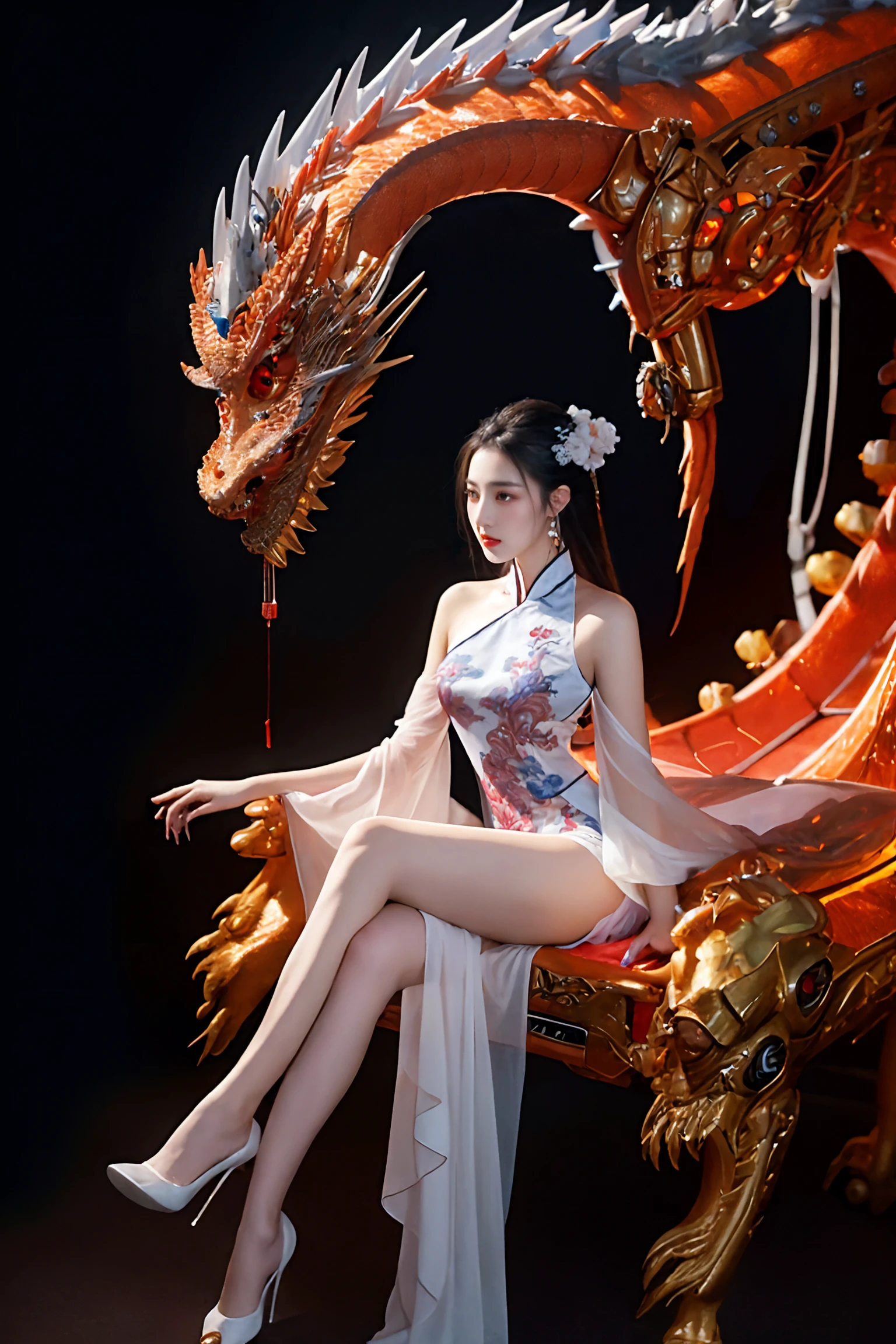 (Fight fiercely with dragons)、top-quality、masterpiece、超A high resolution、(White Dragon Armor)、dragon armor、(Wearing a beautiful crown made of jewels),(Photorealsitic:1.4)、Raw photo、女の子1人、Golden hair、glowy skin、(((Chinese Dragon)))、(Gorgeous Jewelry Necklaces)、(Mystical expression)、(Fight big dragons)、With a beautiful knife、(White Metal Bodysuit)、(beautiful forest background)、Precipitous cliffs、(Small LED)、((super realistic details))、portlate、globalillumination、Shadow、octan render、(One-Eyed Scouter)、8K、ultrasharp、Colossal tits、Raw skin is exposed in cleavage、metals、Details of complex ornaments、Japan details、highly intricate detail、Realistic light、CGSoation Trends、Red Eyes、radiant eyes、Facing the camera、neon details、(Mechanical limbs)、(blood vessels connected to tubes)、Mechanical vertebrae attached to the back、mechanical cervical attaching to neck、(Wires and cables connecting to the head)、Gundam、Small LED、,Mechanical thighs、Toostock、(Hands are also made of machines)、(veils)、