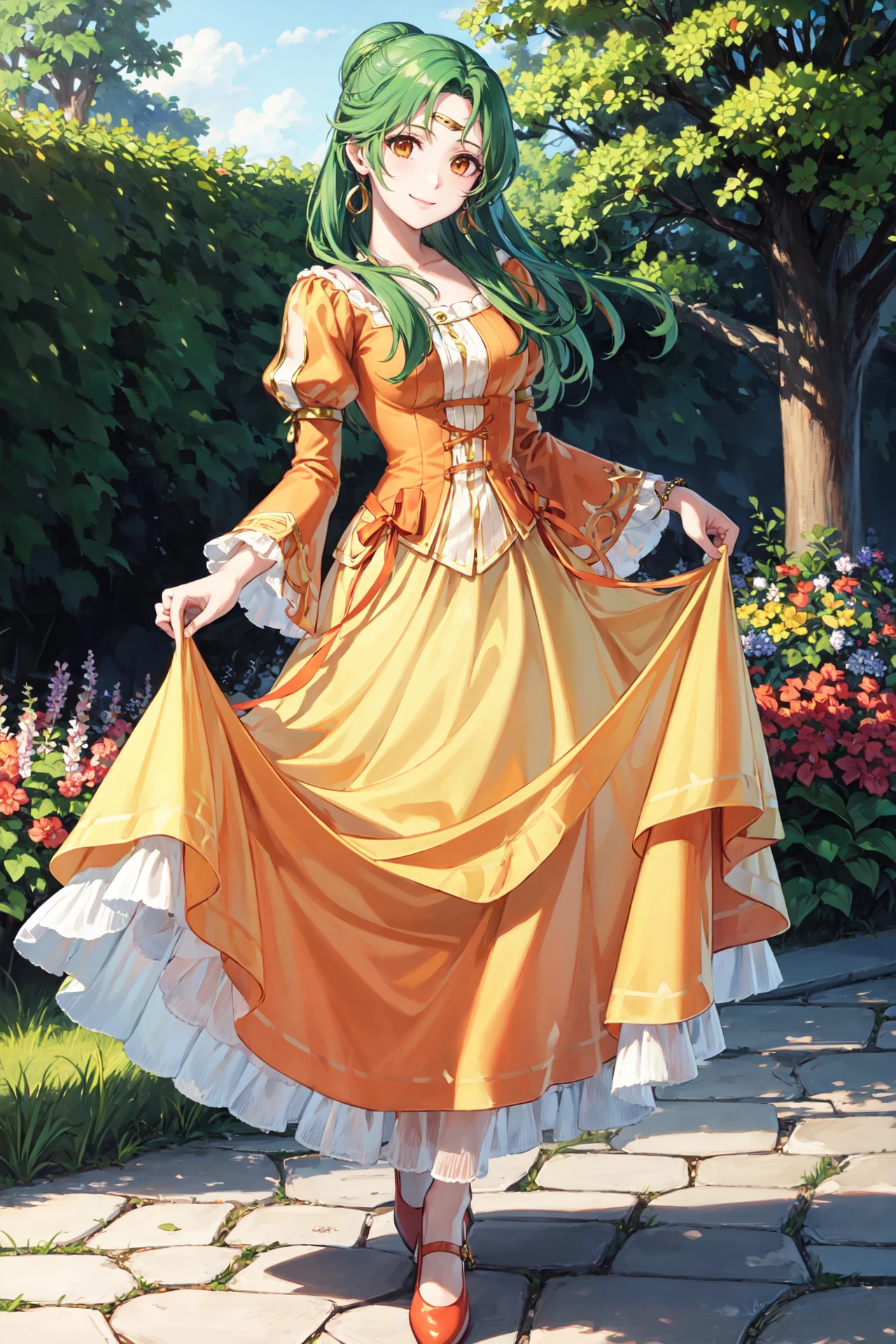 skirt_lift,head tilt,<lora:elinciaV2:0.85>,pat_elincia,smile, looking at viewer,orange long dress, light orange long skirt,  orange puffy long sleeves,  jewelry, earrings, red shoes, juliet sleeves, ribbon,garden, outdoors,(masterpiece, best quality, ultra-detailed, best shadow)