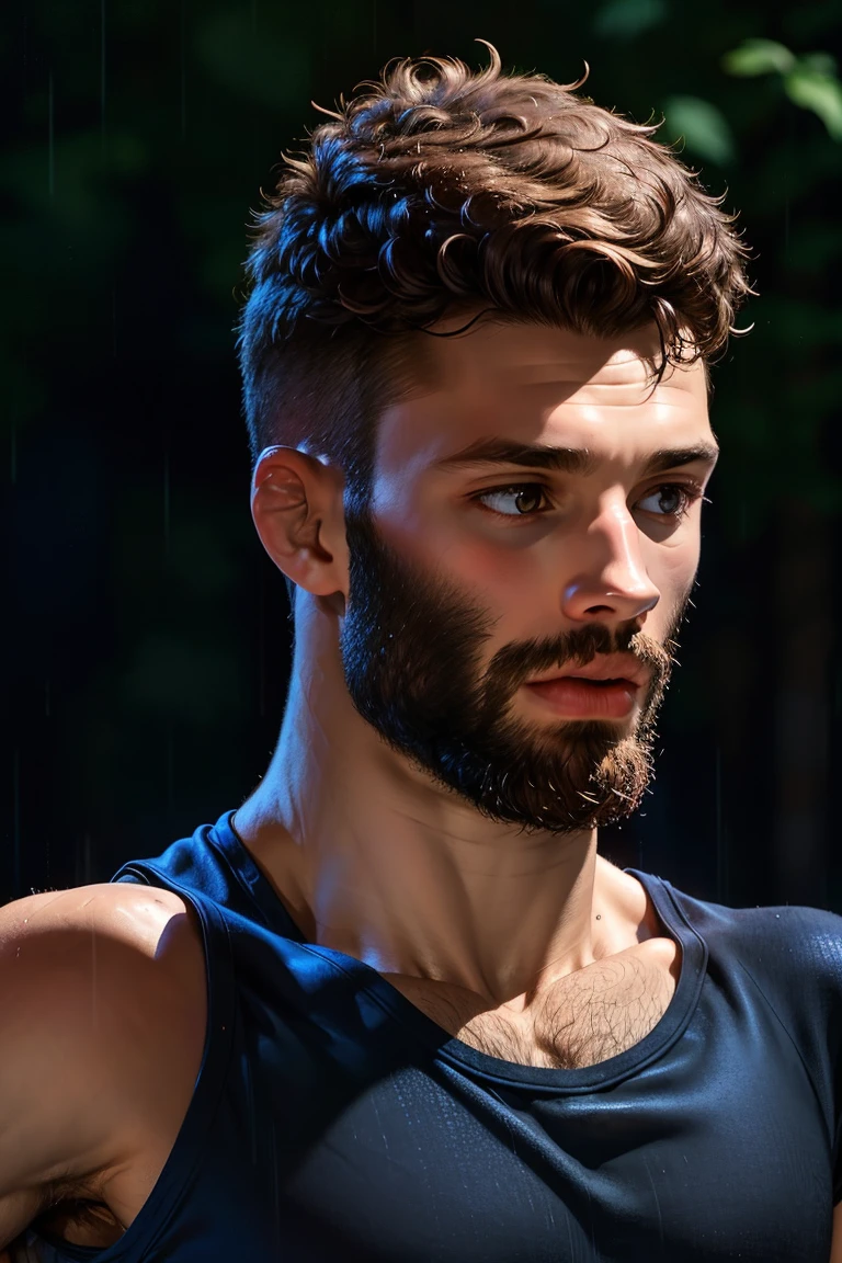 (masterpiece,  best quality:1.2),  man,  solo,  photo of person, ,  1guy,  medium hair,  beard,  black t shirt,  shorts, (depth of field:1.1),  at the forest,  rain,  masterpiece,  highness,  perfect face,  perfect picture,  detailed eyes,  sharp focus,<lora:EMS-271883-EMS:1.000000>