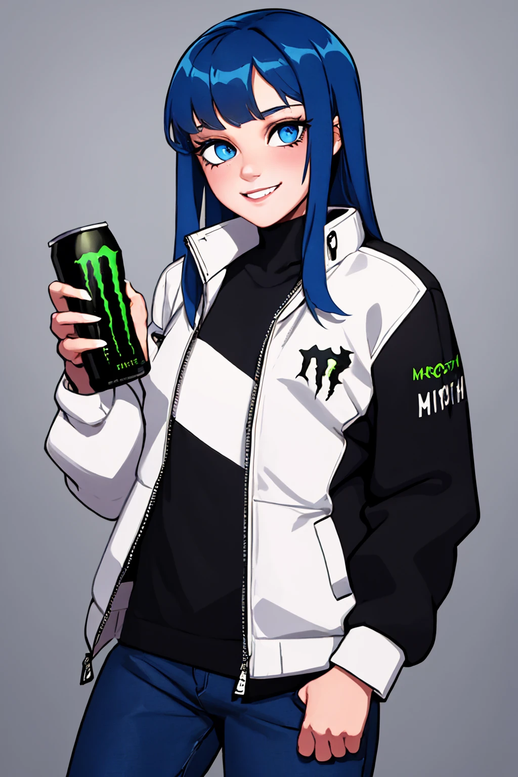 (masterpiece, best quality:1.2), solo, 1girl, smile, looking at viewer, holdingmonsterenergy, long hair, blue hair, blue eyes, jacket, long sleeves, pants <lora:HoldingMonsterEnergy:0.6>