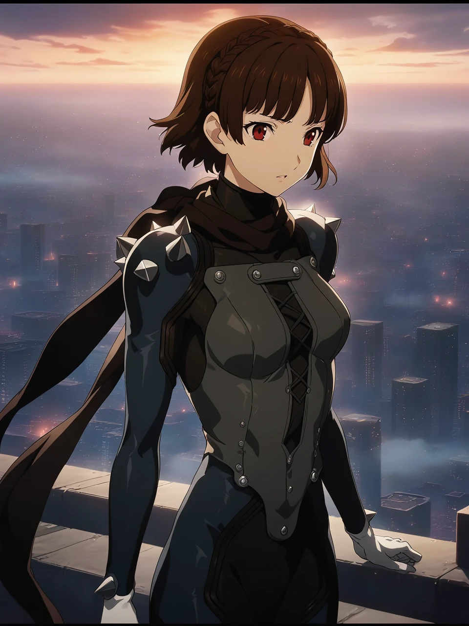 dsqueen, brown hair, short hair, crown braid, red eyes, bodysuit, shoulder spikes, scarf, white gloves, 1girl, solo
BREAK
city, misty, clouds, dusk, depth of field, cinematic, game cg, anime screencap, official art, masterpiece, best quality
<lora:dsmakoto_a3b:1>