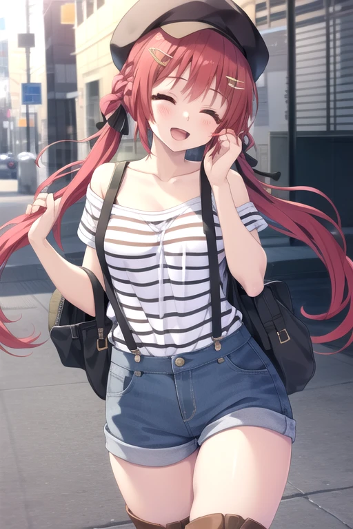 ((masterpiece)),(best quality),official art,extremely detailed CG,unity 8k wallpaper,ultra detailed,beautiful detailed eyes,extremely detailed face,1girl,solo,cowboy shot,looking at viewer,facing viewer,smile,:d,black hat,long hair,red hair,low twintails,braid,hair ribbon,black ribbon,hairclip,star hair ornament,bangs,closed eyes,open mouth,collarbone,off-shoulder shirt,short sleeve shirt,striped shirt,suspenders,medium breasts,denim shorts,shorts rolled up,brownboots,<lora:Tenma Hasumi(rk)>,