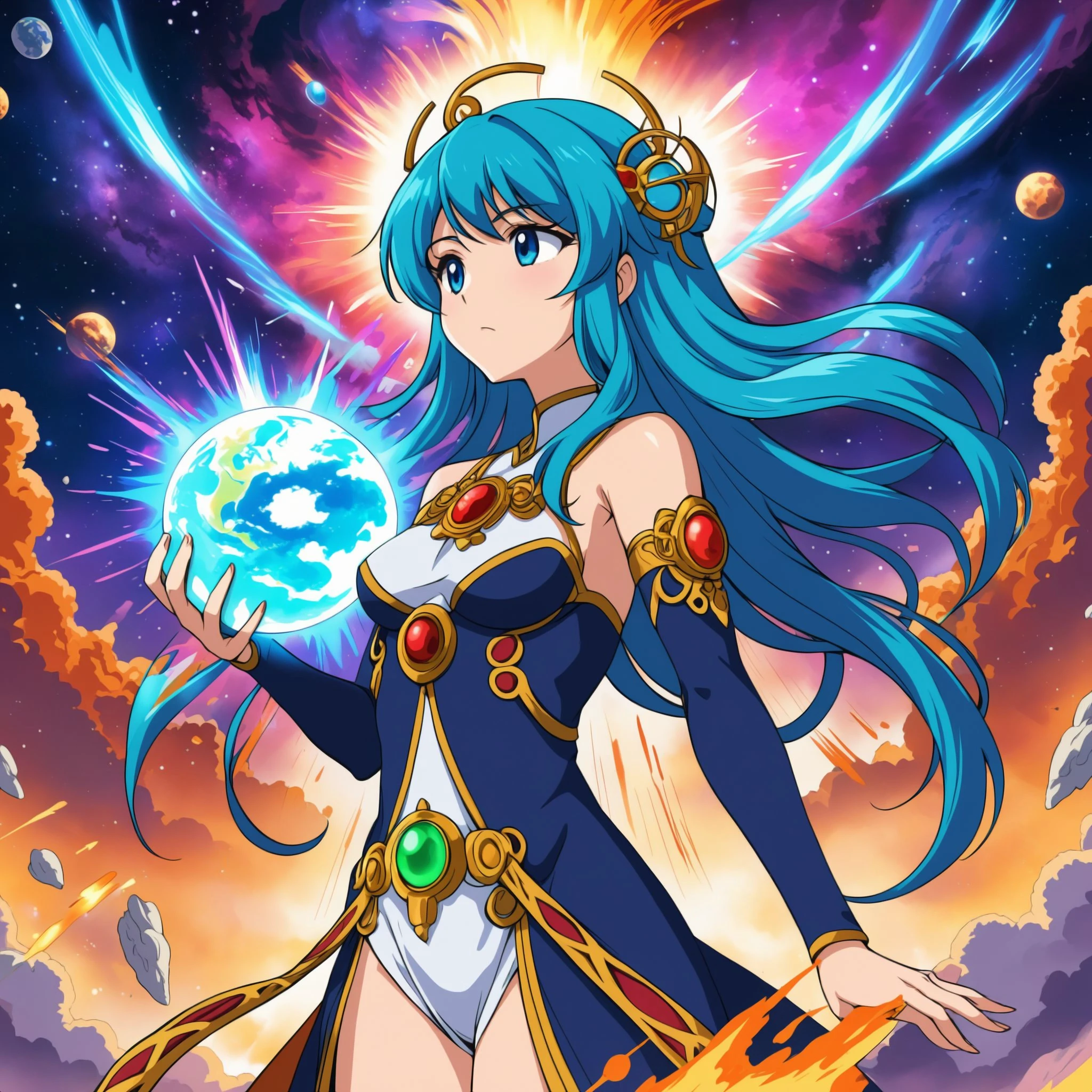 1girl, ,saint seiya milo scorpio,detail_face,Big boobs, whole body, hair large blu, background scorpio sino, hands scarlet needle,