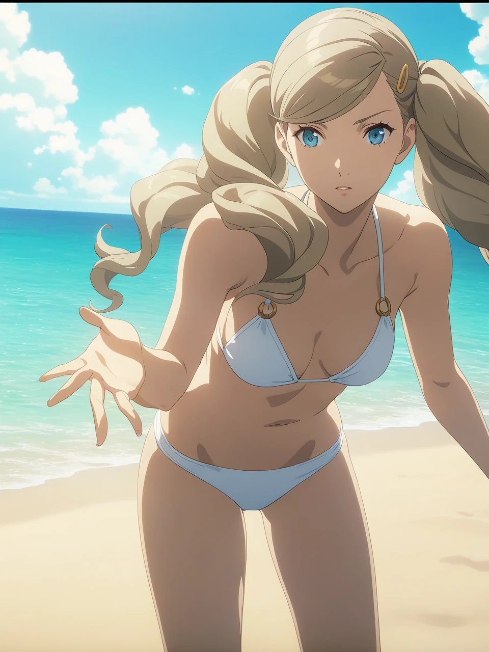 dsann, blonde hair, long hair, twintails, swept bangs, blue eyes, hairclip, white bikini, 1girl, solo
BREAK
beach, crystal clear ocean water, sandy shores, depth of field, cinematic, game cg, anime screencap, official art, masterpiece, best quality
<lora:dsann_a3b:1>