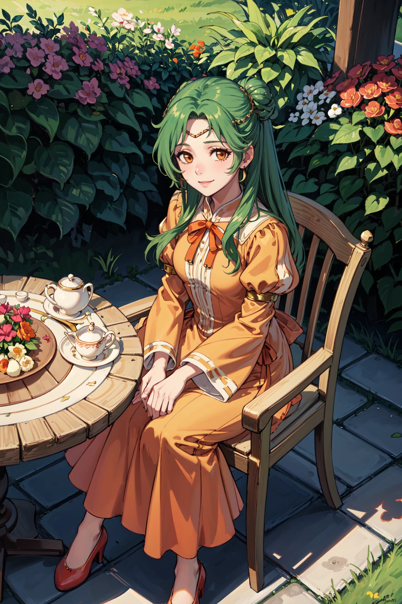 sitting on chair,table tea,from above,<lora:elinciaV2:0.85>,pat_elincia,smile, looking at viewer,orange long dress, light orange long skirt, orange puffy long sleeves, jewelry, earrings, red shoes, juliet sleeves, ribbon,garden, outdoors,(masterpiece, best quality, ultra-detailed, best shadow)