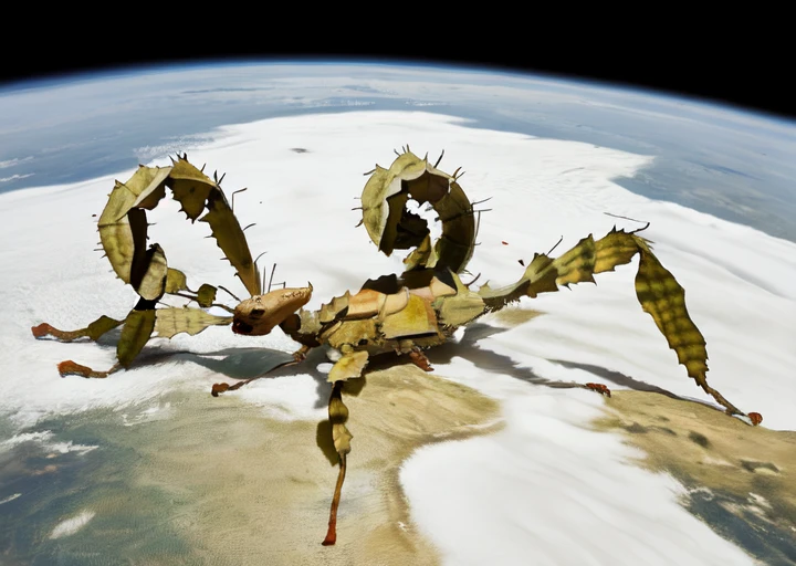spinyleafinsect, full body, solo, giant, (in space), head, eye, curly tail, oversaturation of colour, <lora:Spiny_Leaf_Insect:1>