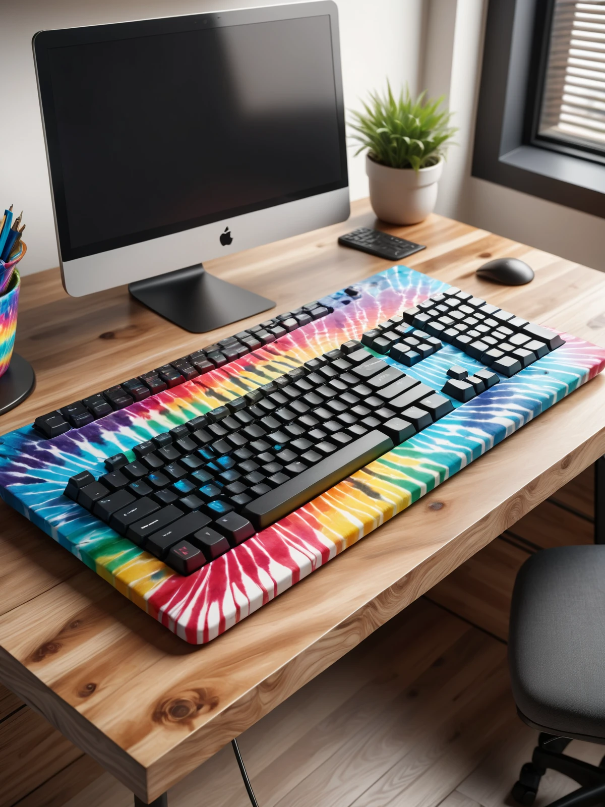 Computer with mad-tiedye keyboard on wooden desk in office,  <lora:Colorful_Tie-Dye_SDXL:0.5>, (masterpiece:1.2), best quality, (hyperdetailed, highest detailed:1.2), high resolution textures