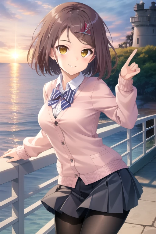 ((masterpiece)),(best quality),official art,extremely detailed CG,unity 8k wallpaper,ultra detailed,beautiful detailed eyes,extremely detailed face,A lighthouse on a cliff by the sea,1girl,solo,cowboy shot,looking at viewer,facing viewer,smile,brown hair,short hair,x hair ornament,hairclip,side swept bangs,yellow eyes,pink cardigan,long sleeves,collared shirt,white shirt,striped bow,bowtie,miniskirt,medium breasts,pleated skirt,black pantyhose,loafers,<lora:Izumi Konatsu(rk):0.9>,