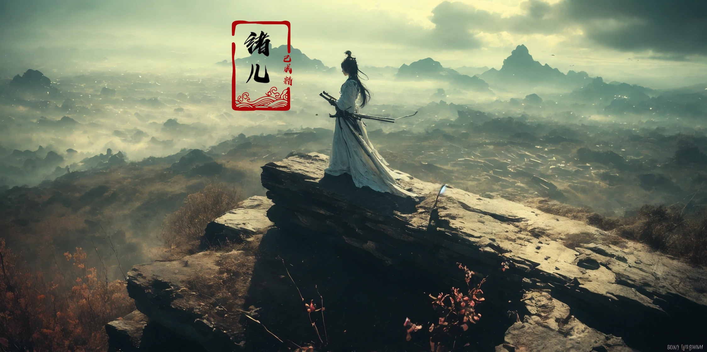 ultra high resolution, ((masterpiece))), (((best quality))), ((super detailed)),  ((extremely delicate and beautiful)),cinematic light, detailed environment(real), (wide shot, wide-angle lens,Panoramic:1.2),super vista, super wide AngleLow Angle shooting, super wide lens, Dynamic Angle, Perspective, High Point,pov(from above:1.1),
1girl, solo, east asian architecture,
designed by greg manchess,smoke, a model woman, bright eyes, glossy lips, futuristic gold face war paint, trending on art station, photoreal,
8 k, octane render by greg rutkowski,  art by Carne Griffiths and Wadim Kashin ,in the style of Dau-al-Set, Pollock, and inspired by MAPPA and Zdzislaw Beksinski,
<lora:~Q?N-VRQV2 xuer Ancient Chinese sword:0.8>