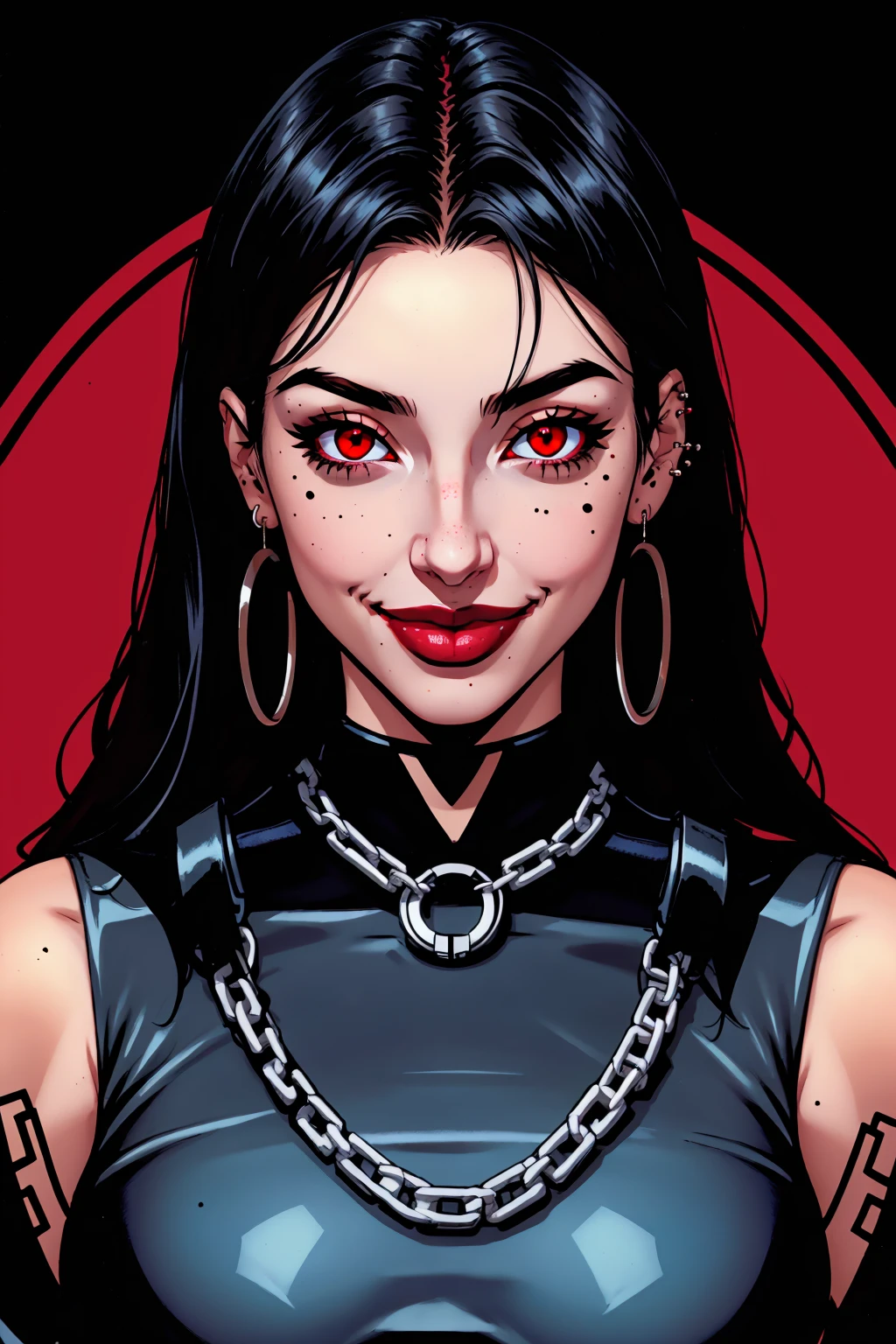 dskHedspce, 1girl, solo, looking at viewer, smile, black hair, red eyes, jewelry, earrings, mole, chain, piercing, lipstick, mole under mouth, colored sclera, masterpiece, official art, absurdres, 4 point perspective, vantage point , <lora:HeadspacesStyle:0.8>