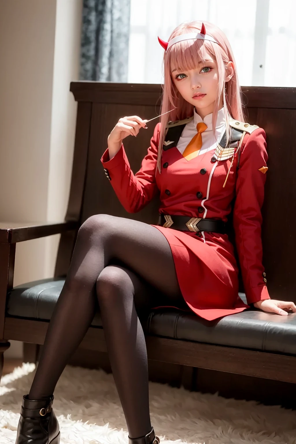 Masterpiece, top quality, highly detailed, Beautiful mature girl wearing black frame glasses, long pink hair ponytail with bangs,Black uniform with red trim, red tie and thigh-high black stockings