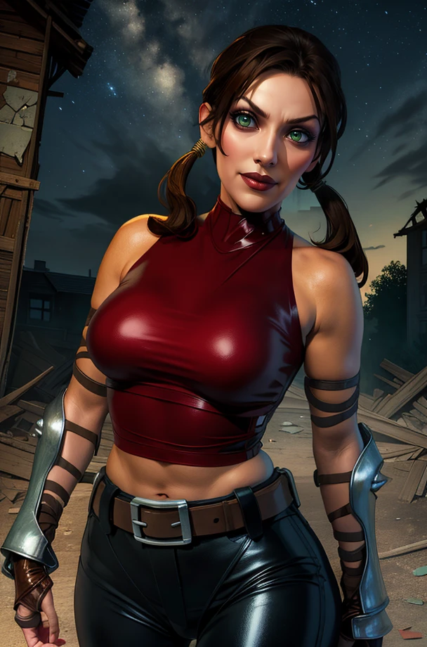 Skarlet,red eyes,black hair,multicolored hair,toned, short hair,
smile, navel, cleavage, covered nipples,
standing, upper body, smile, leaning back,
blood splatters on skin, dungeon, mortal kombat,
(insanely detailed, beautiful detailed face,beautiful detailed eyes, masterpiece, best quality) solo,<lora:Skarlet5:0.7>,
