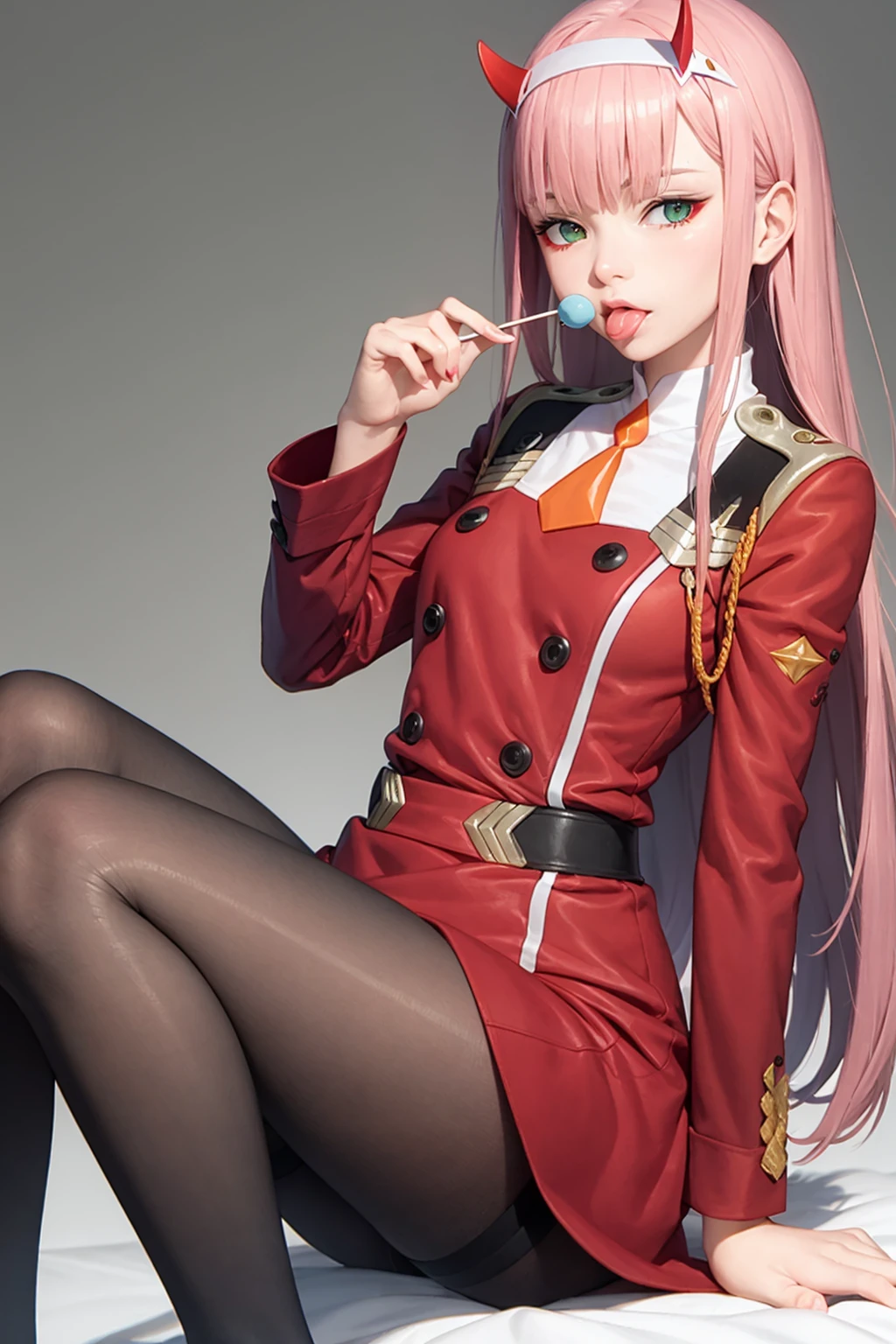 masterpiece, (photorealistic:1.4), best quality, beautiful lighting, zero two \(darling in the franxx\), darling in the franxx, 1girl, ascot, bangs, blue background, green eyes, hairband, horns, long hair, long sleeves, looking at viewer, red jacket, closed jacket, military uniform, oni horns, orange ascot, pink hair, red horns, simple background, solo, uniform, white hairband , intricate details, natural light, RAW photo, 8k uhd, film grain, full body, full growth, beach, sitting on the stone, legs, <lora:zeroTwoDARLINGInThe_offset:1>