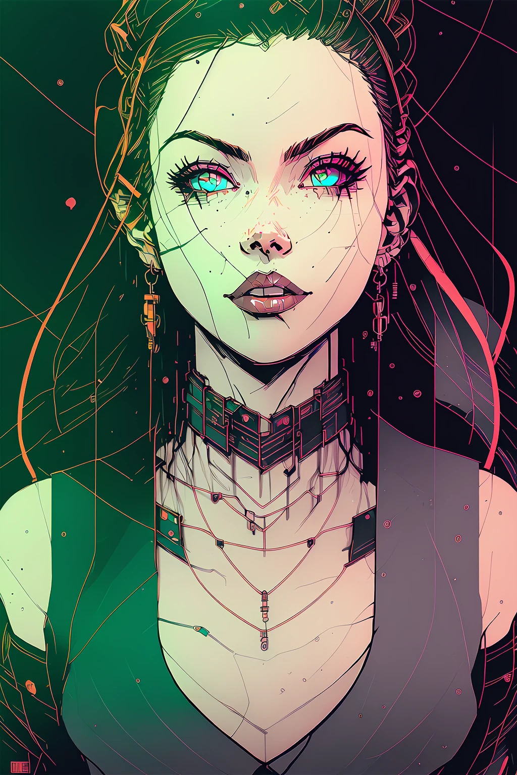 nvinkpunk, dskHedspce, 1girl, solo, looking at viewer, smile, black hair, red eyes, upper teeth only, open mouth, fangs, jewelry, earrings, chain, piercing, lipstick, colored sclera, outdoors, masterpiece, official art, absurdres, 4 point perspective, vantage point , <lora:HeadspacesStyle:0.8>