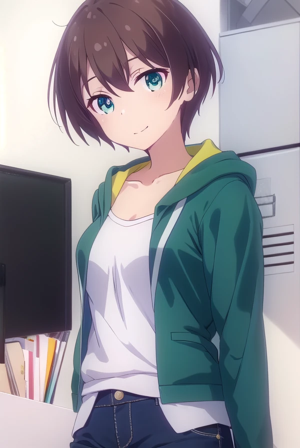 hajimeshinoda, <lora:hajime shinoda s2-lora-nochekaiser:1>, 
hajime shinoda, short hair, bangs, brown hair, (green eyes:1.3), ahoge, smile,
BREAK shirt, long sleeves, collarbone, jacket, open clothes, pants, hood, open jacket, hoodie, hood down, blue jacket, yellow shirt,
BREAK indoors, office,
BREAK looking at viewer, (cowboy shot:1.5),
BREAK <lyco:GoodHands-beta2:1>, (masterpiece:1.2), best quality, high resolution, unity 8k wallpaper, (illustration:0.8), (beautiful detailed eyes:1.6), extremely detailed face, perfect lighting, extremely detailed CG, (perfect hands, perfect anatomy),