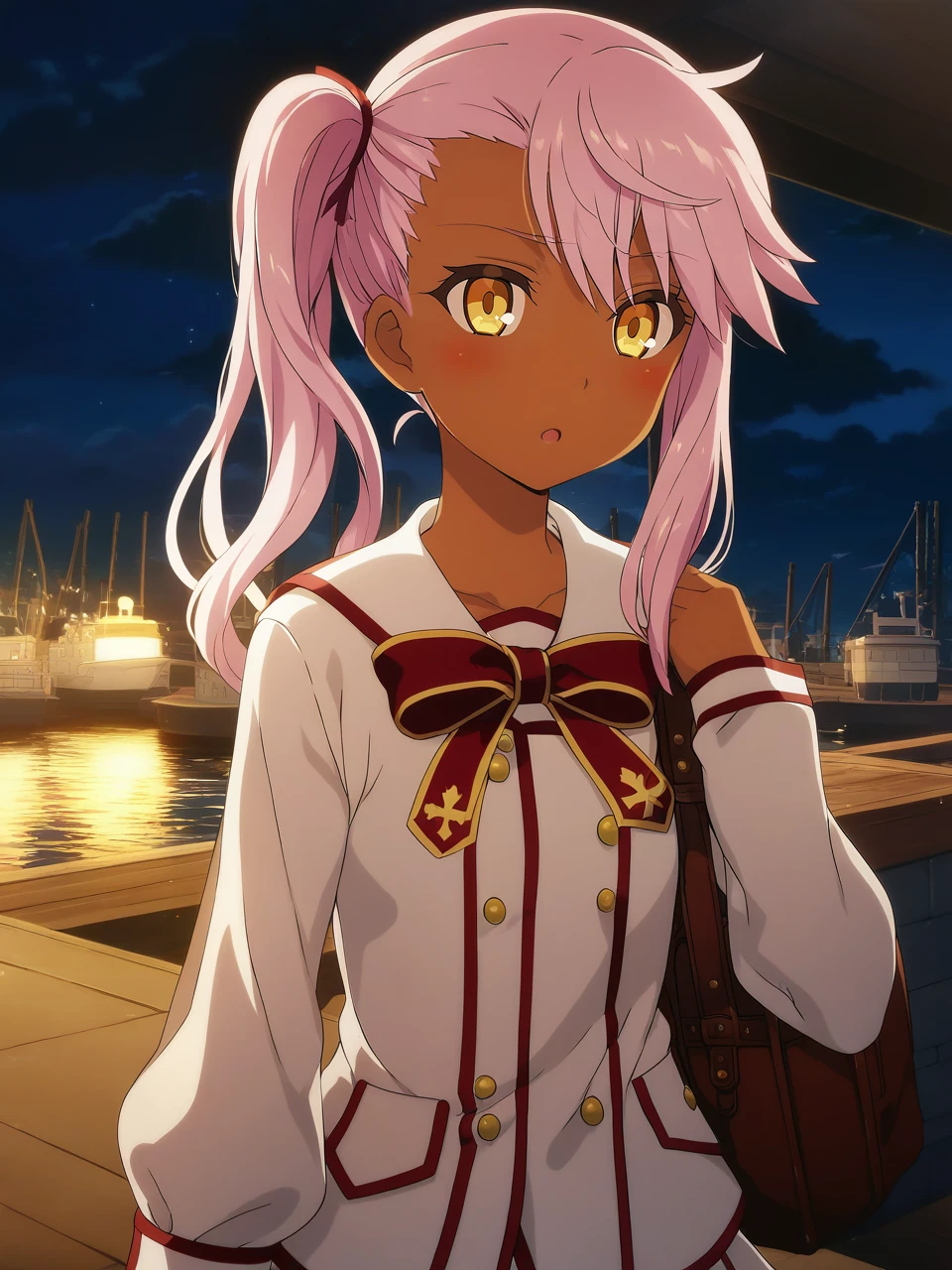dschloe, pink hair, side ponytail, yellow eyes, dark-skinned female, homurahara academy school uniform, white collared shirt, red ribbon, pleated skirt, school uniform, 1girl, solo
BREAK
harbor, ships, cranes, night, cloudy sky, depth of field, cinematic, game cg, anime screencap, official art, masterpiece, best quality
<lora:dschloe_a3b:1>