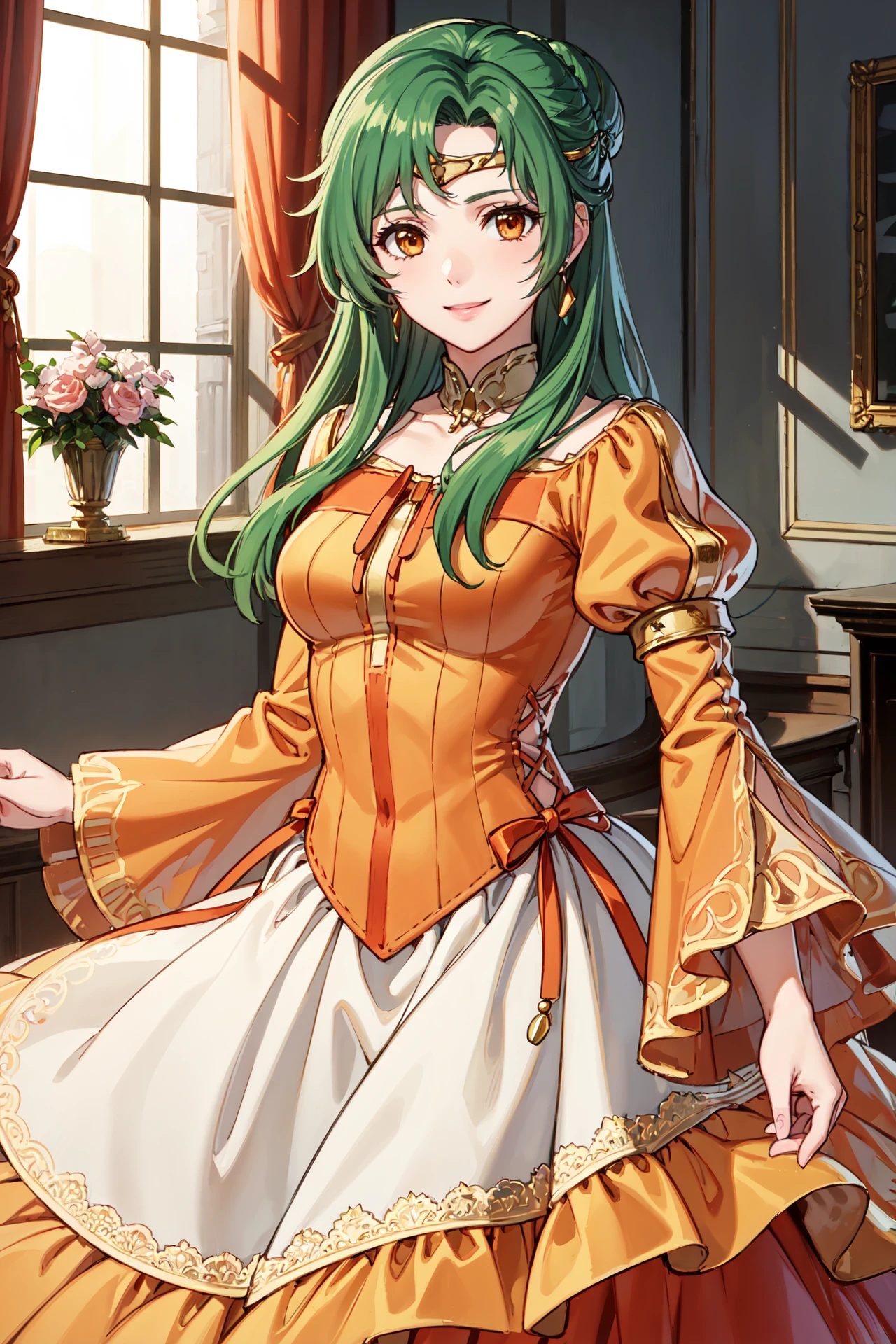 (upper_body:1.2),smile,<lora:elinciaV2:0.9>,looking at viewer,pat_elincia,holding_skirt,orange long dress, orange long skirt,  orange puffy long sleeves,  jewelry, earrings, red shoes,orange  juliet sleeves, ribbon, indoors,castle,(masterpiece, best quality, ultra-detailed, best shadow)