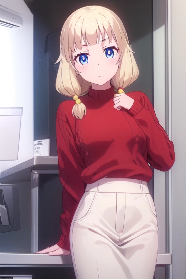 nenesakura, <lora:nene sakura s2-lora-nochekaiser:1>,
nene sakura, bangs, blue eyes, blonde hair, hair ornament, twintails, hair bobbles,
BREAK long sleeves, shirt, collared shirt, sweater, (red sweater:1.5),
BREAK indoors, office,
BREAK looking at viewer, (cowboy shot:1.5),
BREAK <lyco:GoodHands-beta2:1>, (masterpiece:1.2), best quality, high resolution, unity 8k wallpaper, (illustration:0.8), (beautiful detailed eyes:1.6), extremely detailed face, perfect lighting, extremely detailed CG, (perfect hands, perfect anatomy),
