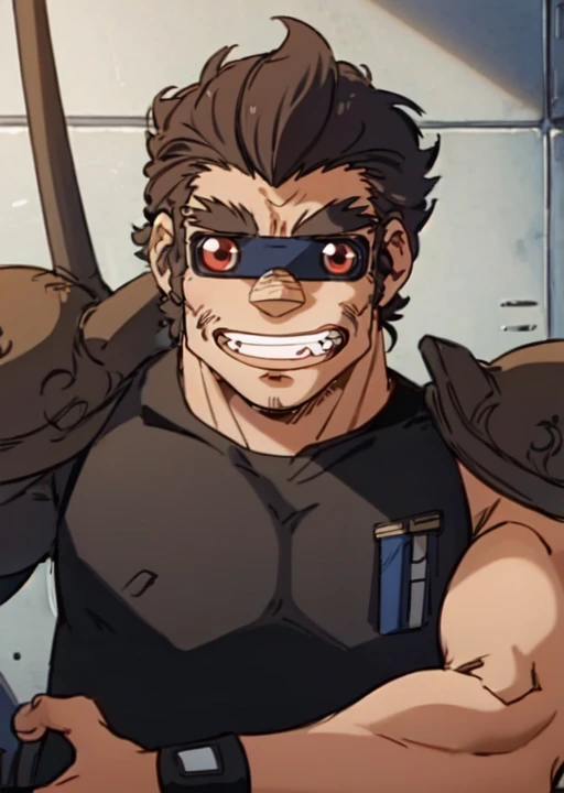 buaku, solo, male, aged, upper body, short hair, visor with red lenses, grin, medals <lora:Buaku_Dominion_Tank_Police-000013:1>