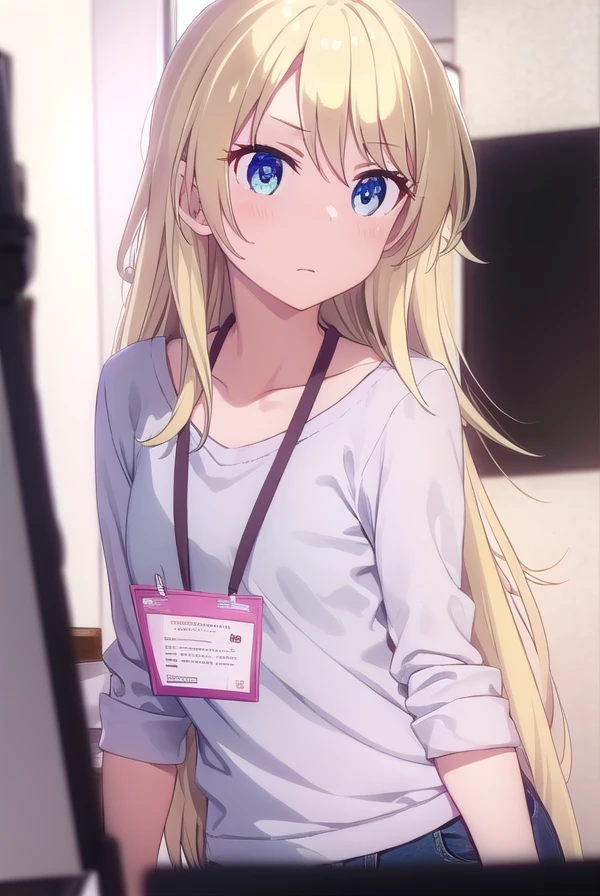 kouyagami, <lora:kou yagami s2-lora-nochekaiser:1>,
kou yagami, long hair, blue eyes, blonde hair,
BREAK shirt, collarbone, pants, black shirt, id card, lanyard, denim,
BREAK indoors, office,
BREAK looking at viewer, (cowboy shot:1.5),
BREAK <lyco:GoodHands-beta2:1>, (masterpiece:1.2), best quality, high resolution, unity 8k wallpaper, (illustration:0.8), (beautiful detailed eyes:1.6), extremely detailed face, perfect lighting, extremely detailed CG, (perfect hands, perfect anatomy),