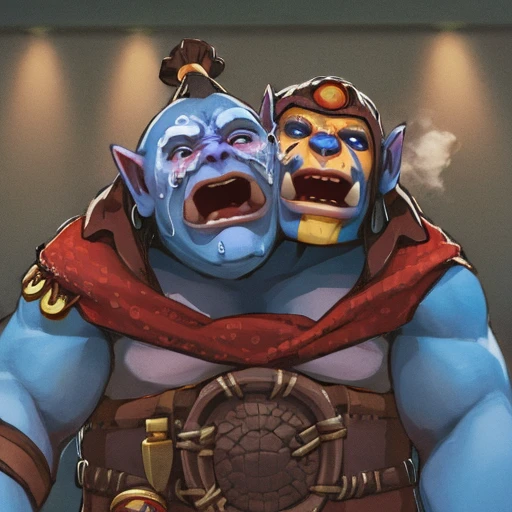 male, night elves, world of warcraft color style, muscular, hairy body, naked, full body; one night elf is standing, arms up and chained, screaming in pleasure, while the other night elf is in a kneeling position sucking the chained night elf's penis.
