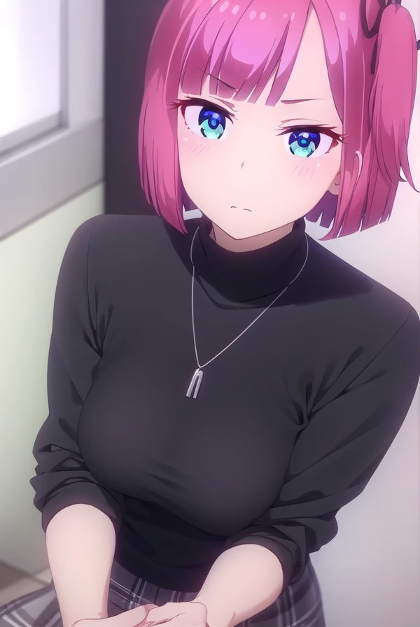 momijimochizuki, <lora:momiji mochizuki s2-lora-nochekaiser:1>,
momiji mochizuki, short hair, blue eyes, ribbon, hair ribbon, pink hair, side ponytail, one side up,
BREAK skirt, shirt, jewelry, necklace, sweater, turtleneck, black sweater, plaid skirt, grey skirt, short sleeves,
BREAK indoors, office,
BREAK looking at viewer, (cowboy shot:1.5),
BREAK <lyco:GoodHands-beta2:1>, (masterpiece:1.2), best quality, high resolution, unity 8k wallpaper, (illustration:0.8), (beautiful detailed eyes:1.6), extremely detailed face, perfect lighting, extremely detailed CG, (perfect hands, perfect anatomy),