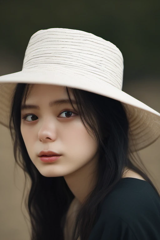 <lora:ayakakonno:1> 3:4 photo of a ayaka, black hair (wearing a white straw hat), flowing hair, casual black shirt with 3/4 slave, casual make up, realistic skin texture, warm, low saturation, rich colors, inspired by Alessio Albi, nikon d850, zeiss otus 85mm lens, f/1.4, hyper realistic , lifelike texture, realistic dramatic cinematic lighting, eye look at cam