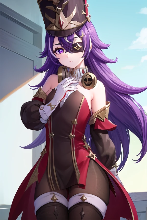 chevreuse, <lora:chevreuse-lora-nochekaiser:1>,
chevreuse, (eyepatch:1.5), long hair, mole, mole under mouth, multicolored hair, (purple eyes:1.1), purple hair, streaked hair, two-tone hair, very long hair, white hair,
BREAK bare shoulders, detached sleeves, black dress, black headwear, black pantyhose, boots, dress, earmuffs, earmuffs around neck, gloves, gold trim, gun, hat, pantyhose, red dress, shako cap, short dress, thigh boots, two-tone hair, white footwear, white gloves,
BREAK outdoors, city,
BREAK looking at viewer, (cowboy shot:1.5),
BREAK <lyco:GoodHands-beta2:1>, (masterpiece:1.2), best quality, high resolution, unity 8k wallpaper, (illustration:0.8), (beautiful detailed eyes:1.6), extremely detailed face, perfect lighting, extremely detailed CG, (perfect hands, perfect anatomy),
