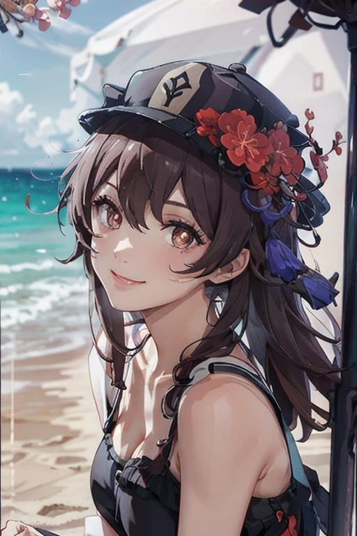 1girl,solo,smile,highres,in spring,beach,(bust:1),<lora:HuTao_v1.0-by-XieMO:1>,
