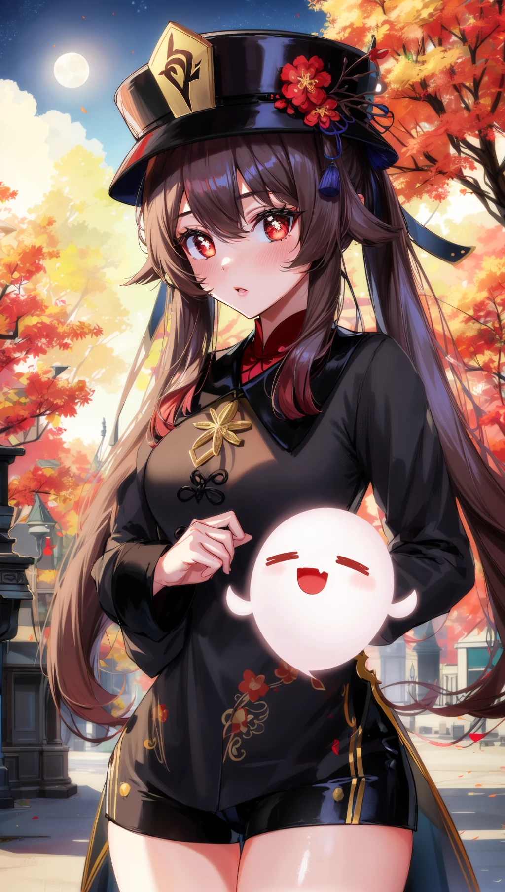 (4k,masterpiece, high resolution, best quality:2, breathtaking, ultra detailed:1.4),A cool female in the street at nighthutao,Hutao,1girl,hu tao \(genshin impact\),boo tao \(genshin impact\),hat,ghost,jewelry,looking at viewer,symbol-shaped pupils,flower,shorts,twintails,solo,long hair,brown hair,long sleeves,black shorts,black headwear,hat flower,ghost pose,blush,red eyes,rim light,scenery,reality,huge filesize,<lora:more_details:0.3>,<lora:[LoRA] mhy_hutao_v1.0:0.7>,in autumn,moon,chinese clothes,twintails,mid-autumn festival,strong rim light,, (masterpiece, high resolution, best quality:1.4, breathtaking, ultra detailed)