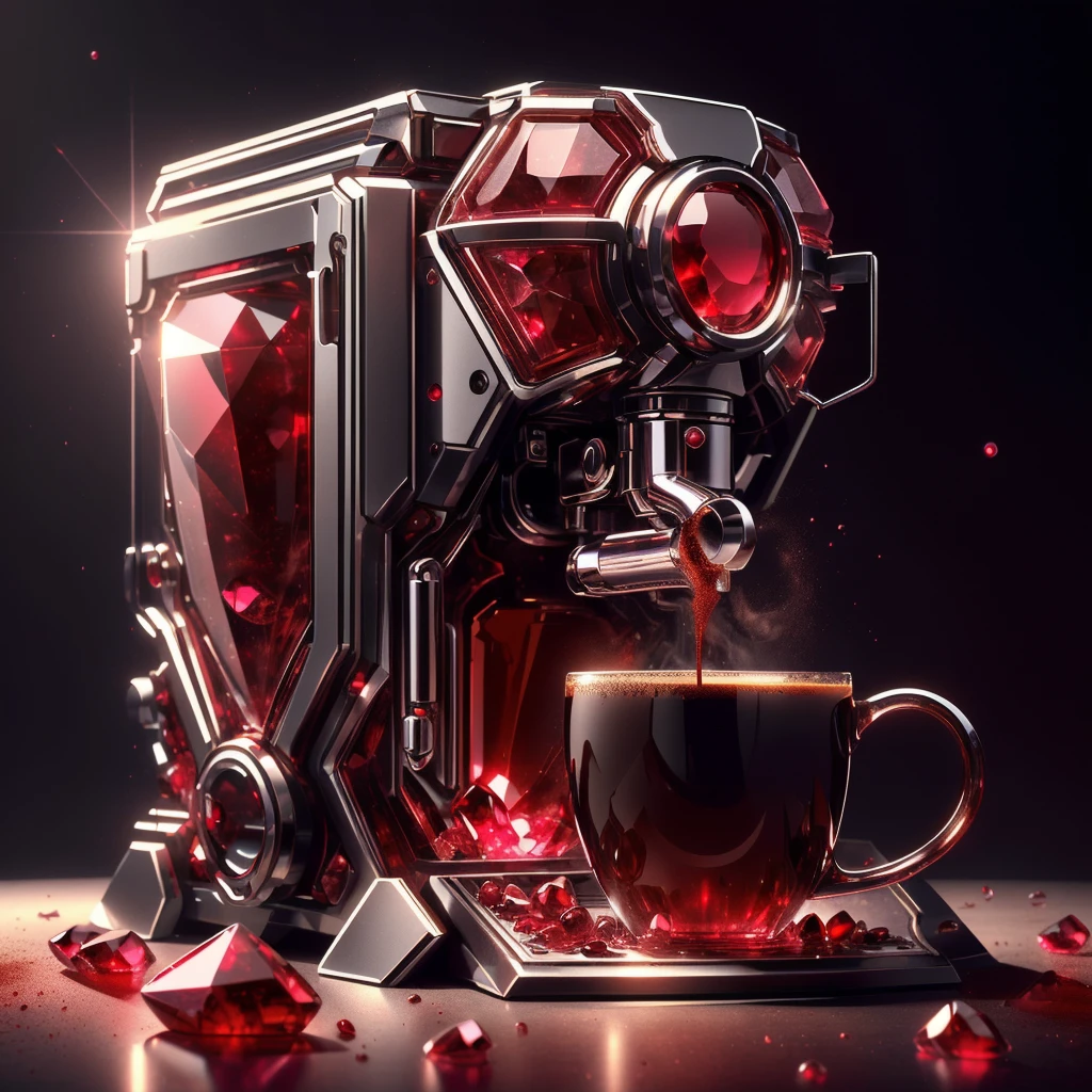 <lora:GemTech-22:0.8>, gemtech , scifi, internal reflections , transparent, inner details ,ruby ,
coffee machine,coffee mug, bright background