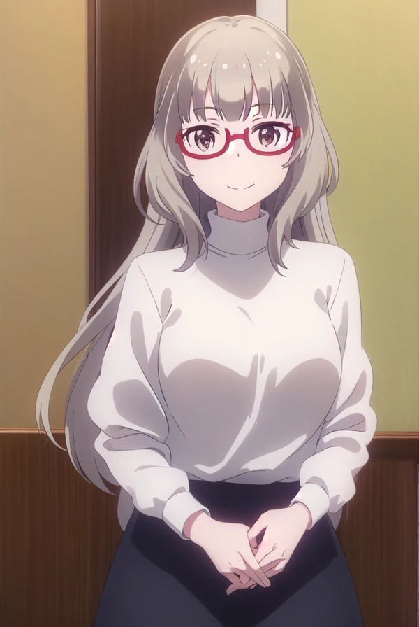 shizukuhazuki, <lora:shizuku hazuki s2-lora-nochekaiser:1>,
shizuku hazuki, long hair, bangs, (brown eyes:1.5), grey hair, glasses, semi-rimless eyewear, red-framed eyewear, under-rim eyewear, smile,
BREAK skirt, shirt, long sleeves, white shirt, black skirt, fringe trim,
BREAK indoors, office,
BREAK looking at viewer, (cowboy shot:1.5),
BREAK <lyco:GoodHands-beta2:1>, (masterpiece:1.2), best quality, high resolution, unity 8k wallpaper, (illustration:0.8), (beautiful detailed eyes:1.6), extremely detailed face, perfect lighting, extremely detailed CG, (perfect hands, perfect anatomy),