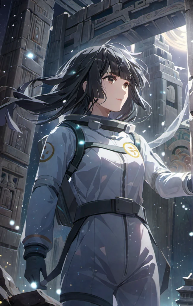 masterpiece,best quality, solo, eda, 1girl, <lora:EdaXL_V1-000040:0.7>, bangs, black hair, white clothes, spacesuit, floating, old stone temple, ancient mural, light particles,