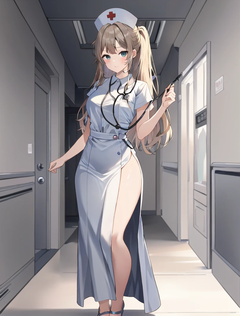 ((masterpiece, best quality, high quality)),1girl, (lower body, hospital) <lora:Long nurse unifirm T1:0.8> (longnurset1, nurse cap, stethoscope, nurse,long dress),