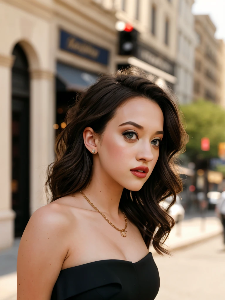 Realistic photo of a beautiful k4td3n woman, 1girl,solo,long hair,looking at viewer,brown hair,black hair,dress,bare shoulders,jewelry,necklace,black dress,lips,grey eyes,wavy hair,plant,realistic, soft lighting, professional Photography, Photorealistic, detailed, RAW, analog, sharp focus, 8k, HD, high quality, masterpiece<lora:k4td3n:1.0>