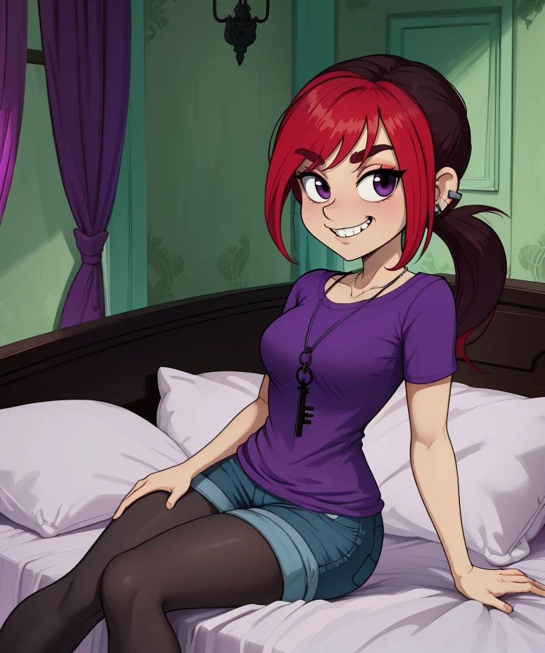 Mina,red hair,two-tone hair,small ponytail,black eyes,
purple shirt,short sleeves,key necklace,pantyhose,jean shorts,stud earrings,
large spooky mansion,evil grin,
indoors,bed,sitting,
(insanely detailed, masterpiece, best quality),
solo,<lora:MinaMonroe:0.8>,