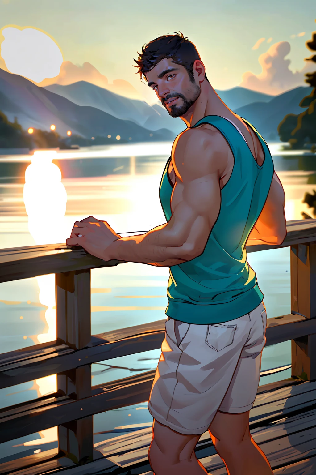 A mature male,Attractive facial features,Middle Age,(Brush cut),Slag,Muscular,vast pecs,Huge crotch bulge,Bare pectoral muscles,Briefs,Get wet,Unobstructed leg to toe,rich body hair,(Sit on the reef,Looking Up The Sky:1.5), Male gaze,intricately details,high detal,High- sharpness,High picture quality,tmasterpiece,full bodyesbian,in a panoramic view,Background with:Planet surrounding,The calm sea reflects the brilliant night sky,Blue light source,Cool color picture