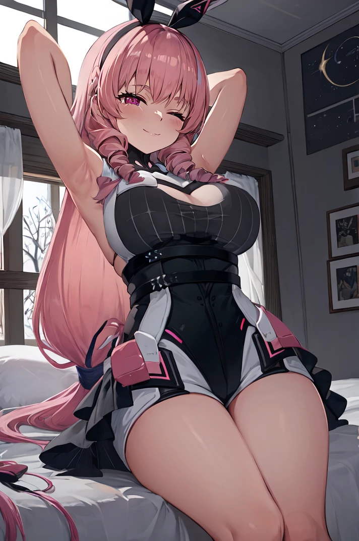 aylakaleido, black hairband, fake animal ears, pink hair, drill locks, long hair, low-tied long hair, leotard, on back, stretching, large breasts, one eye closed, pink eyes, showgirl skirt, bed, on bed, light smile, heart, short shorts, white shorts, space station, on back, window
<lora:ayla_kaleido-22:1>