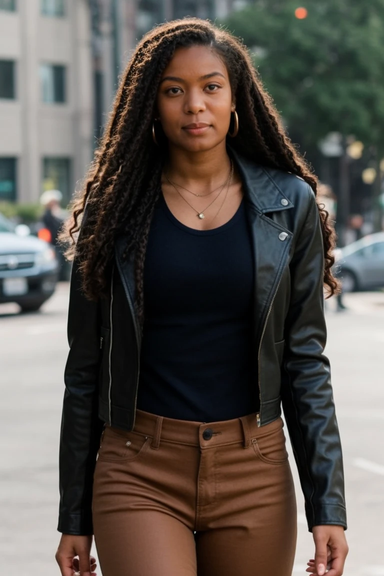 <lora:mondongo_LoRA_JazSinclair:1> mndngwmn, (3/4 body), wearing a leather jacket, on the street