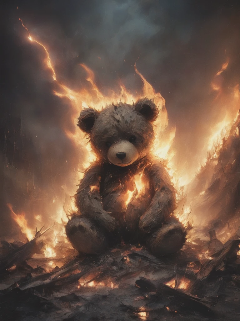 letitbrn, illustration , a charred and fluffy burning and broken teddy-bear sitting in flames just wants one last hug, intricate lightning, dark, desolation,  glow, global illumination, charred, flames, <lora:- SDXL - letitbrn_let_it_burn_V1.0:0.8>