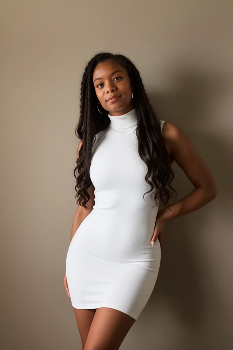 <lora:mondongo_LoRA_JazSinclair:1> mndngwmn, (3/4 body), wearing a turtleneck bodycon dress